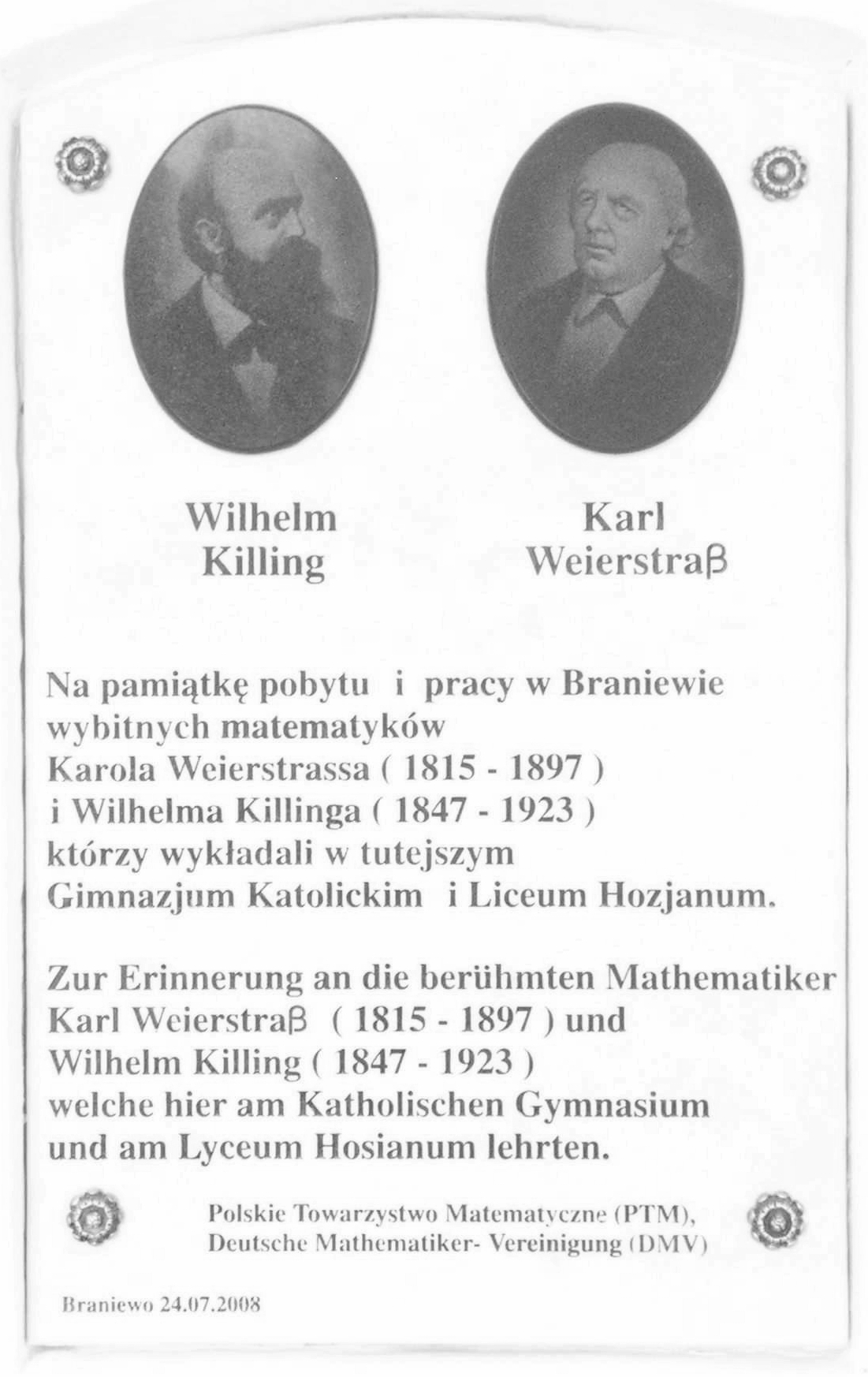 Killing-Weierstrass Memorial Plate